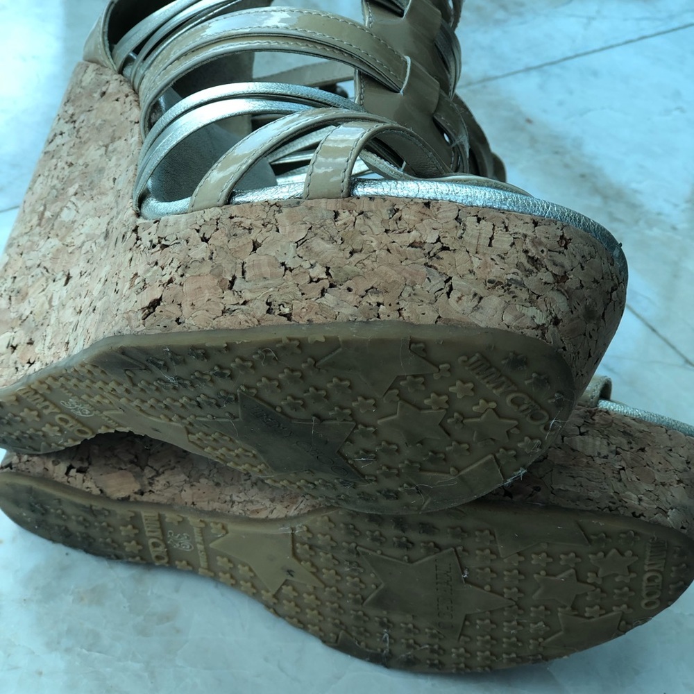 Jimmy Choo Gold Nude strappy cork Weges - Picture 4 of 8